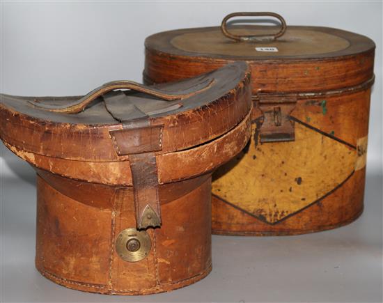 A toleware hat tin and leather hat box